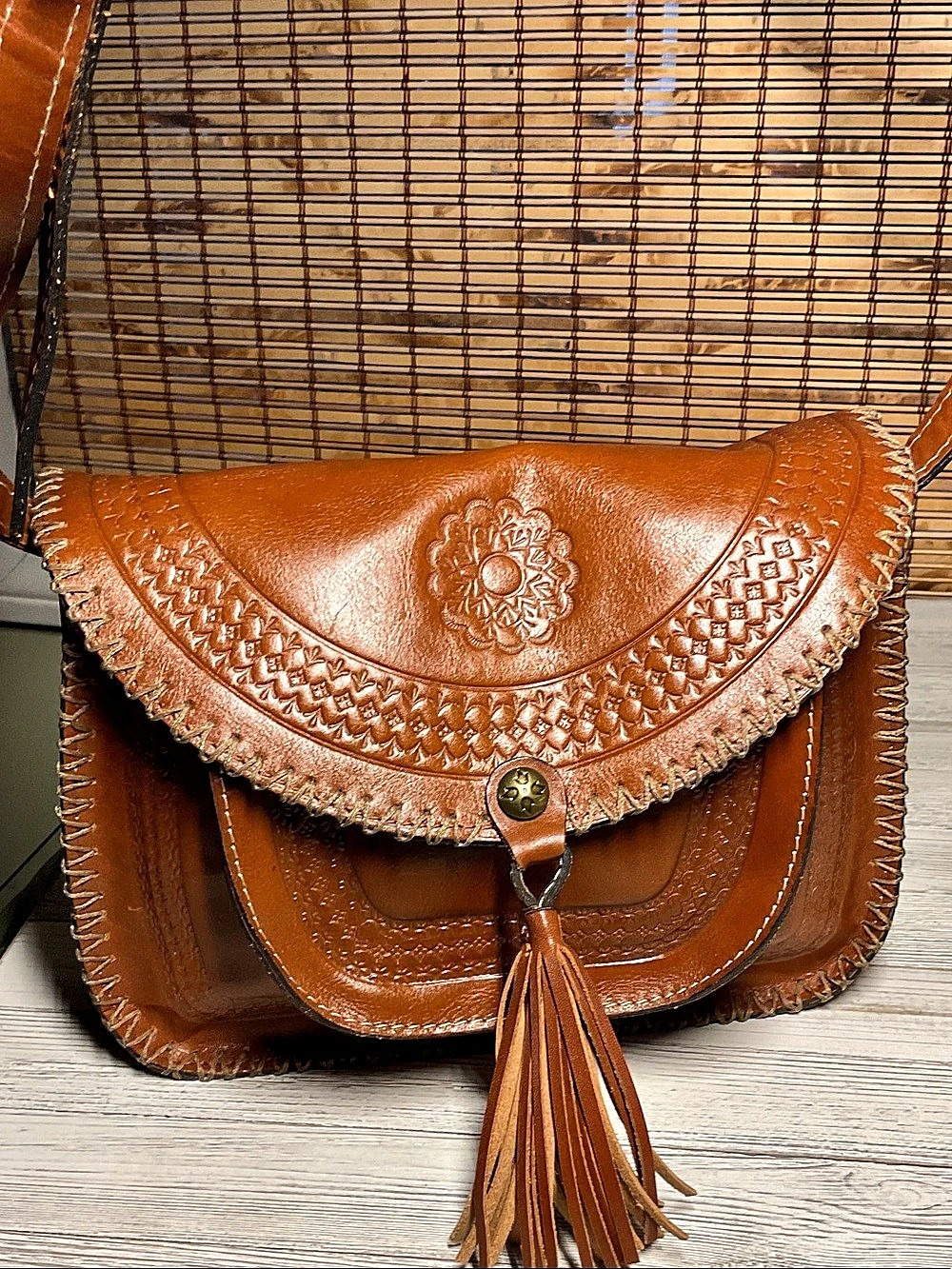 Patricia Nash Beaumont Crossbody bag in a cognac or brown Italian leather